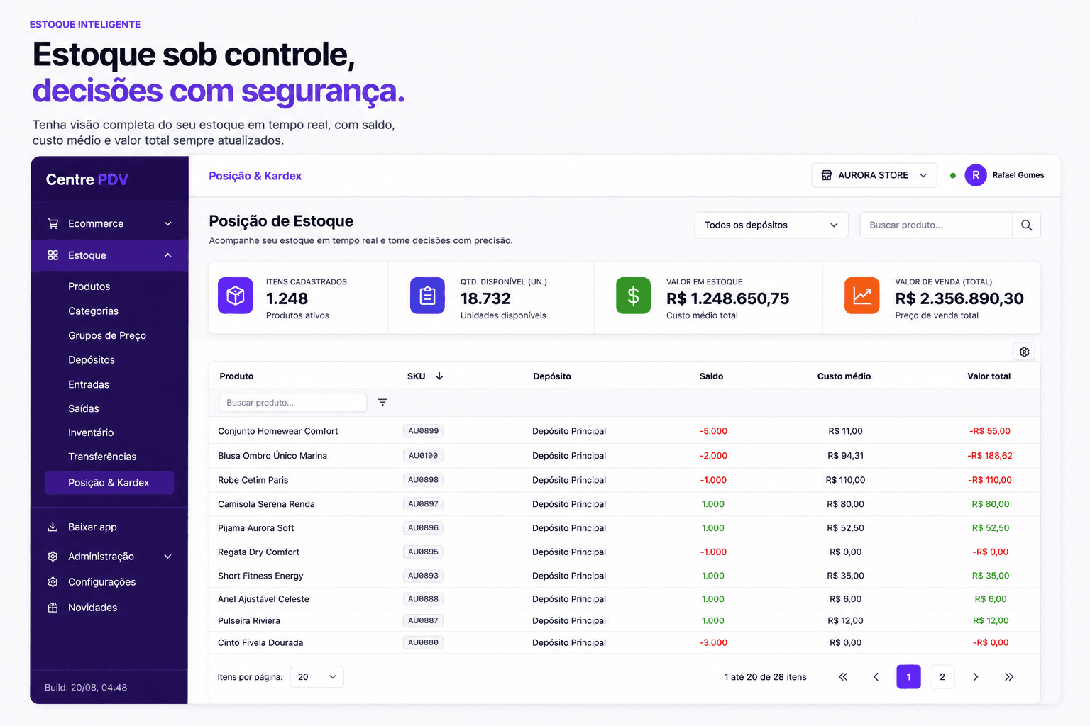 Posição de estoque e kardex no Centre One