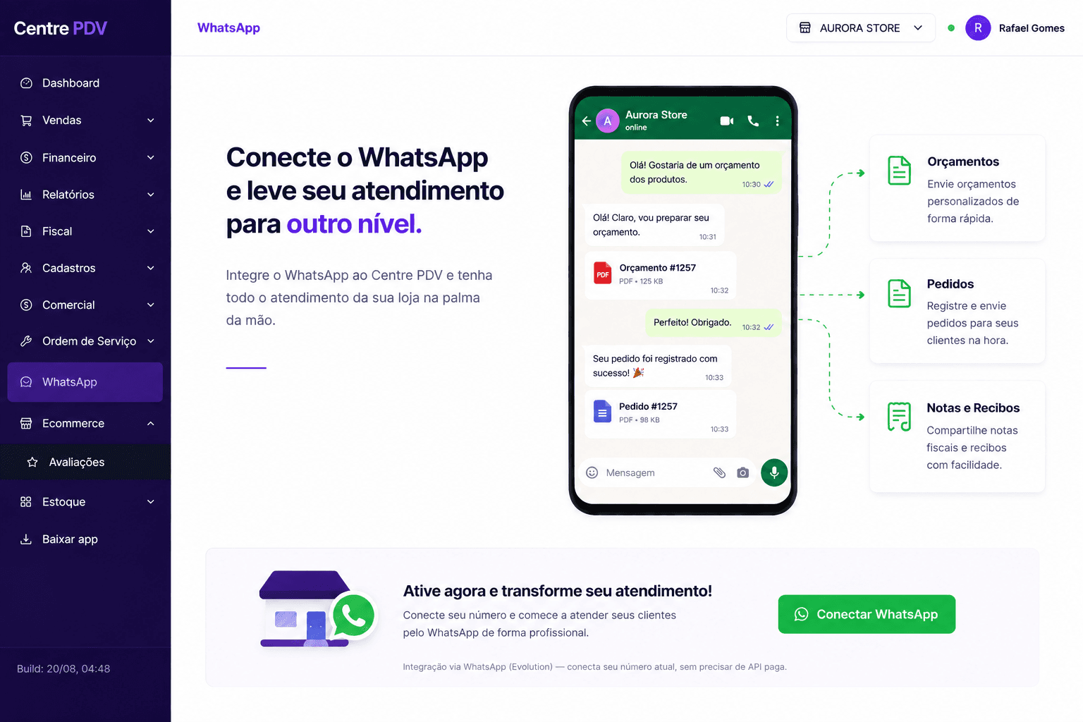 Atendimento e pedidos por WhatsApp no Centre One
